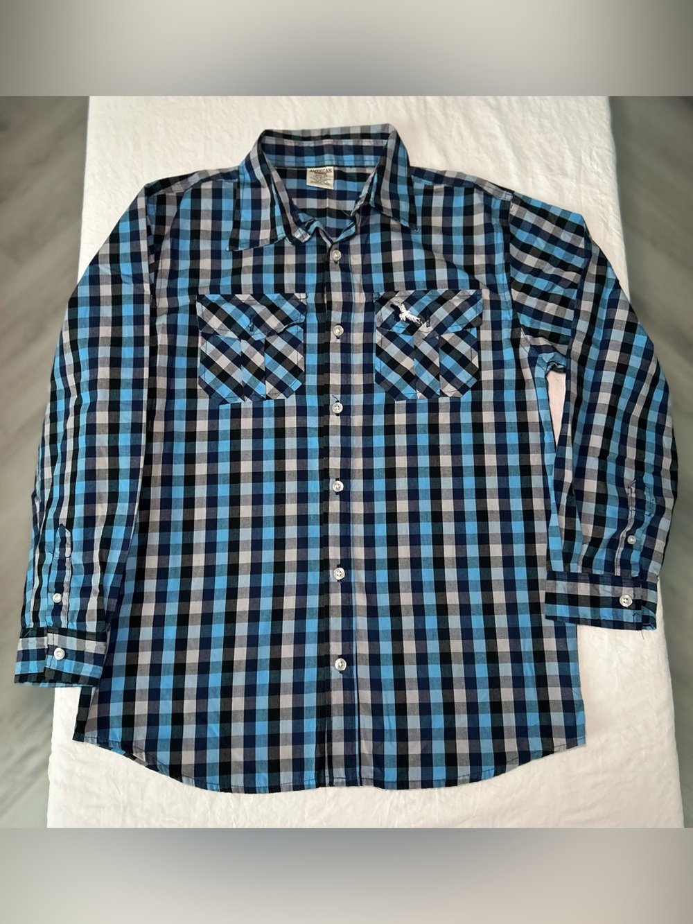 American Hawk Boys Blue Plaid Long-Sleeve Button-Down Shirt Size 14